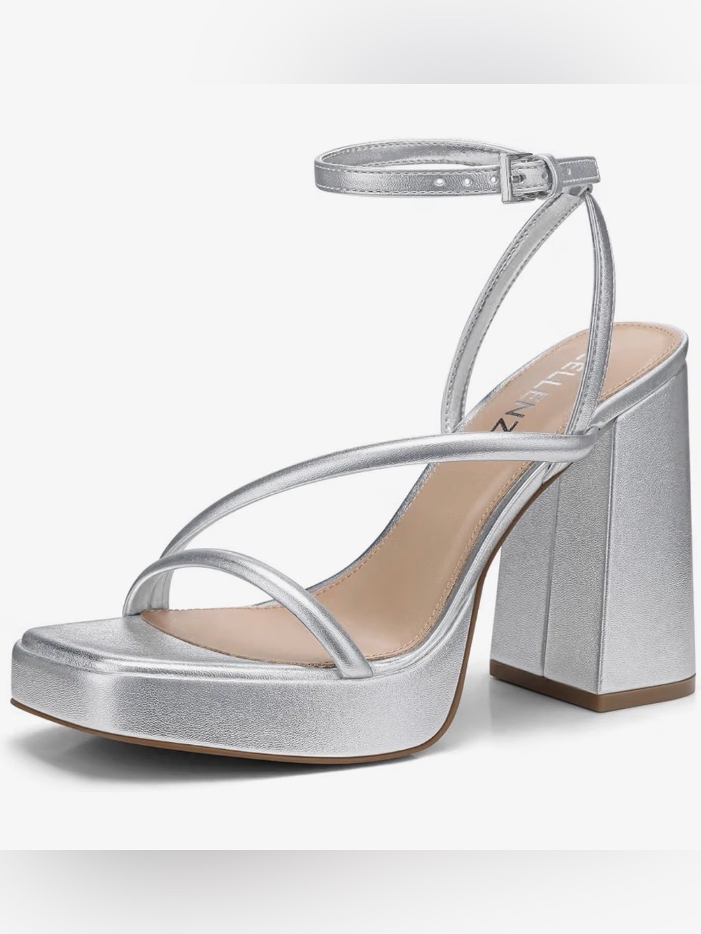 Metallic Silver Strappy Platform Heels with Ankle Strap